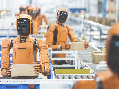 Humanoid robot performing package sorting and material handling tasks in an automated warehouse, demonstrating next-generation AI-driven logistics operations