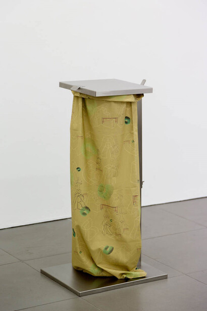 Marte Eknæs, Disposal, (Featuring Nicolau Vergueiro), 2013, steel trash bag stand, custom printed fabric, 97 x 40 x 50 cm