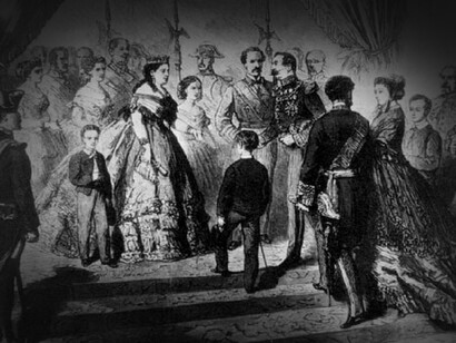 Isabel I de Navarra y II de España, acompañada de su escolta, recibe a Napoleón III en la casa consistorial de San Sebastián, 1861