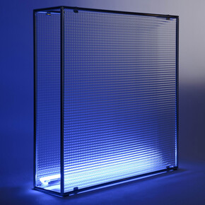 Nanda Vigo, Diaframma, 1968, Aluminium, glass and blue neon, 100 x 100 x 20 cm, 39 3/8 x 39 3/8 x 7 7/8 inches