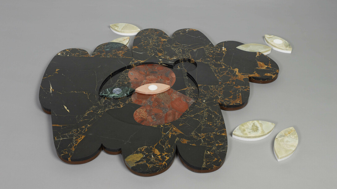 Kasper Bosmans,
Moon Garden (detail), 2024,
marble, quartzite, granite, onyx, water and tears,
148 x 162 x 3 cm,
58 1/4 x 63 3/4 x 1 1/8 in.
Courtesy of the artist and Mendes Wood DM, São Paulo, Brussels, Paris, New York.
Photo credit: Kristien Daem