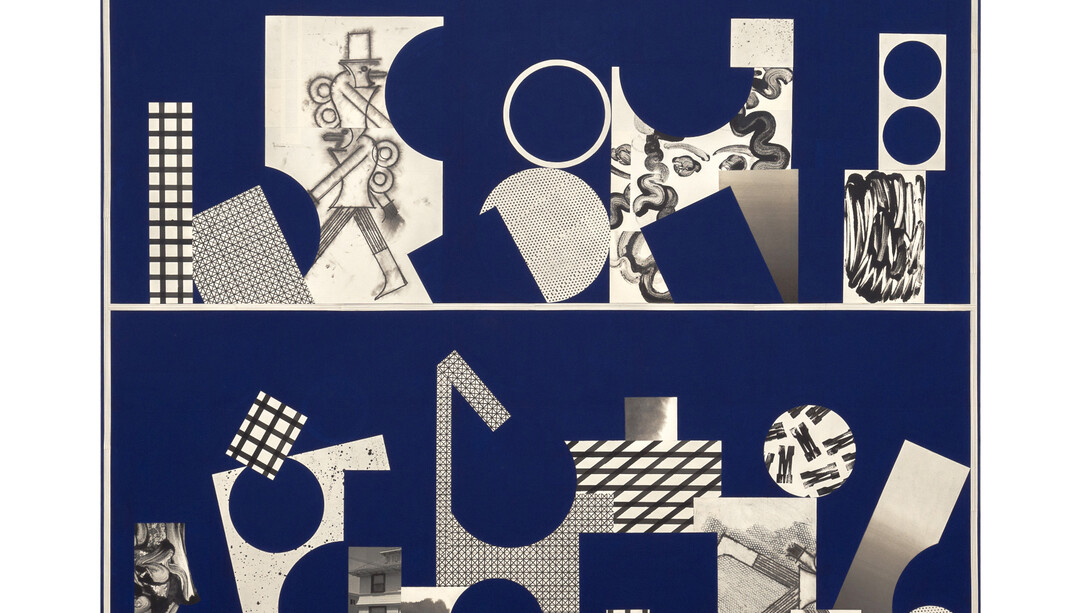 David Korty, Blue Shelf #38, 2015, Ink, paper, pencil, silkscreen and paint on canvas, 79 x 93 inches
