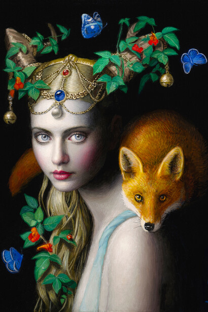 Chie Yoshii, Trickster, Oil on wood panel, 16 x 12. 