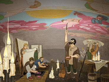 Ghirlandaio’s workshop, illustration by Sabrina Gabrielli