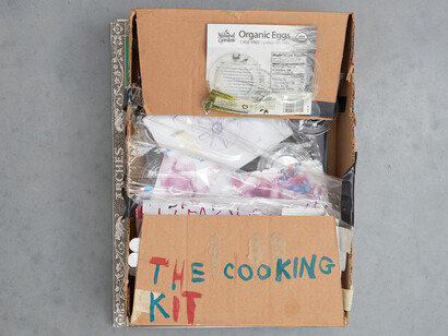 Susan Cianciolo, The Cooking Kit, 2016, cardboard box, plastic bag, notebook, organic egg recipe, paint, 10.6 x 36.3 x 26.5 cm, 4 1/8 x 14 1/4 x 10 3/8 ins, (MA-CIANS-00008) courtesy Stuart Shave/Modern Art, London