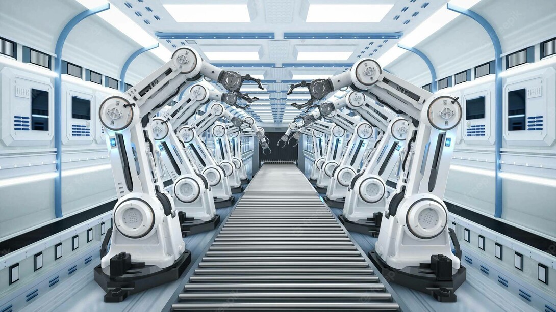 An assembly line of robotic units manufacturing products