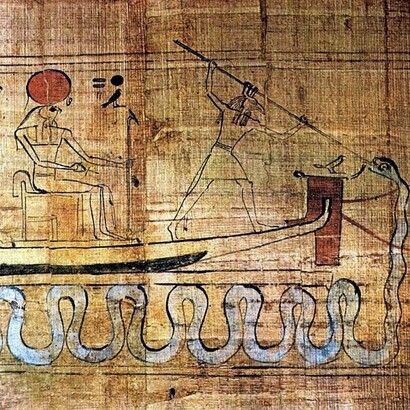 Scena raffigurante l'uccisione del serpente demoniaco Apep. Libro dei Morti della signora Cheritwebeshet (XXI dinastia: ca. 1069-945). Museo Egizio, Il Cairo, Egitto