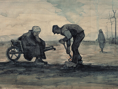 Vincent van Gogh, Contadino che brucia le erbacce insieme a sua moglie, Acquerello su carta, cm 19,4 x 36, 1883 Caldic Collectie, Wassenaar