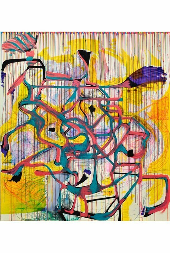Joanne Greenbaum, "Untitled", 2014, oil, oil crayon, acrylic and ink on canvas, 90 x 80 in., 228.6 x 203.2 cm