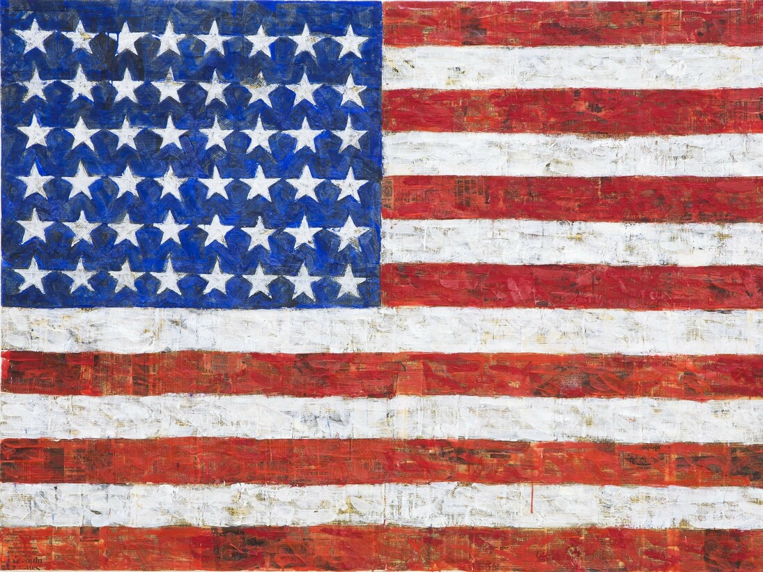 Sturtevant, Johns Flag for Dea,
1991,
encausto e collage su tela,
Courtesy Estate Sturtevant, Galerie,
Thaddaeus Ropac, Paris-Salzburg,
Foto Amedeo Benestante