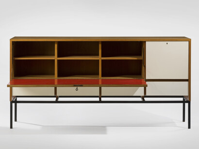 Rene Jean Caillette, Cabinet, 1956, Frêne, formica, painted metal base, 39.37 H x 78.74 x 17.72 inches, 100 H x 200 x 45 cm. Edition Charron. Image courtesy of Demisch Danant. Photo by Thierry Depagne.