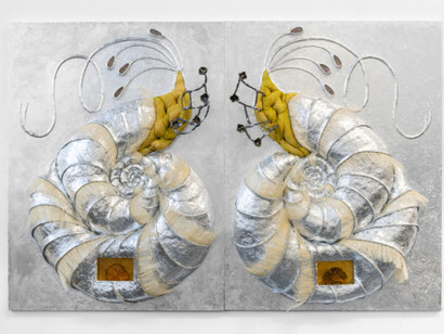 Estefania Puerta, Luz/Helena, 2023, aluminum leaf, resin, mugwort, plaster pulp, porcelain, stained glass, volcano rocks from El Nevado del Ruiz, bristle, diptych, 48x72x10 inches overall. Courtesy the artist and Micki Meng, NYC