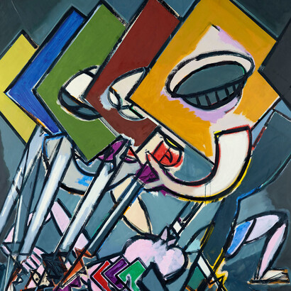 Ansel Krut, Bayonets and Boots, 2014, oil on canvas, 188 x 177 cm, 74 1/8 x 70 1/2 ins, Courtesy of Stuart Shave/Modern Art, London