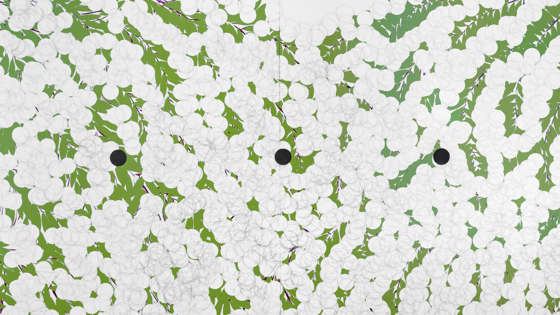 Donald Sultan, White mimosa with three anomalies March 10 2025 (detail), 2025. Courtesy of McClain Gallery 