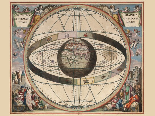 Andreas Cellarius, da "Harmonia Macrocosmica", 1660/61, "Scenographia systematis mvndani ptolemaici". Figura che mostra i segni zodiacali e il sistema solare con la Terra al centro, secondo il sistema di Tolomeo