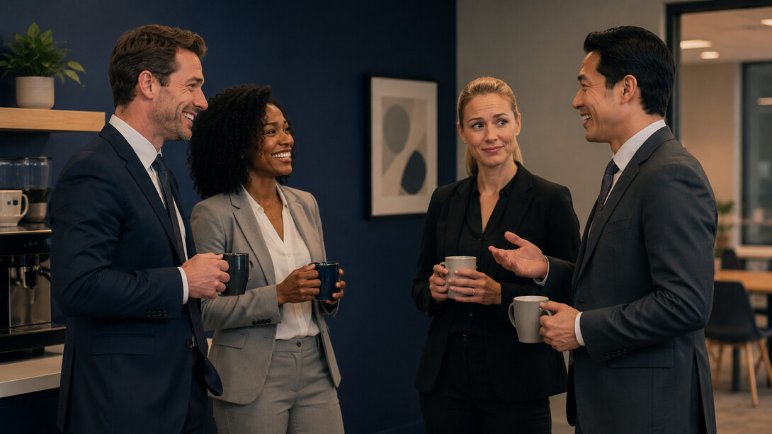 A polished office conversation marked by carefully managed smiles, representing the performance of agreement in corporate culture