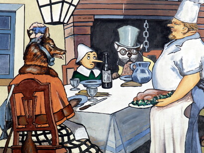 Pinocchio a tavola con il Gatto e la Volpe