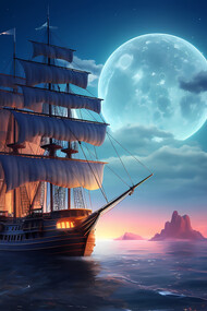 Digital art moon and a pirate boat