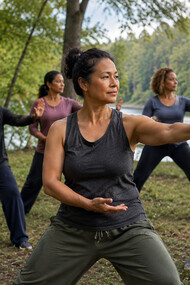 A group of women practicing Tai Chi in nature, representing the benefits of balance, coordination, and mindful movement