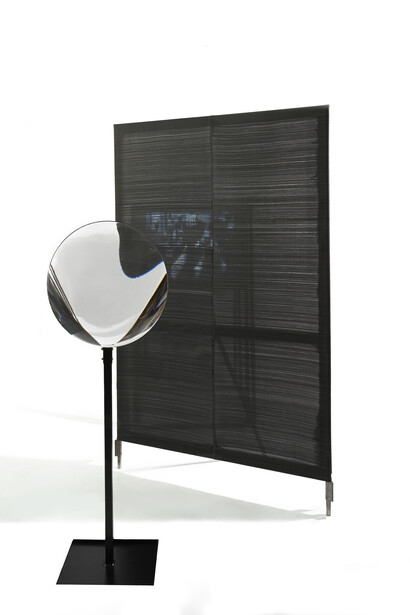 Eloise Hawser, Untitled, 2013, Screen woven with horsehair and steel tripod legs, and optical lens, 180 x 120 x 4 cm © the artist