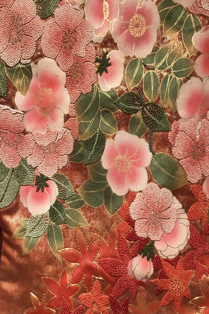 Detailed “Picture Scroll of One Hundred Flowers” uchikake with birds and flowers by Kowa Inc. © Alma Reyes