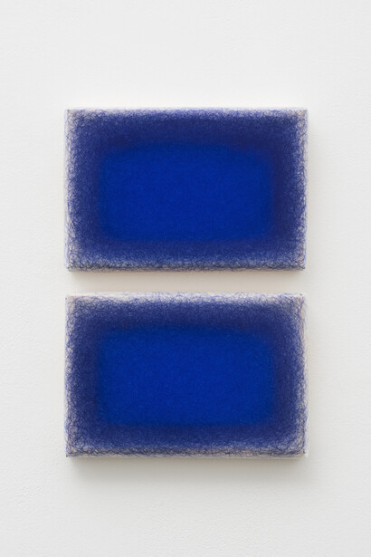 Irma Blank, Ur-schrift ovvero Avant-testo, 2-5-01, 2001, ballpoint pen on polyester on wooden stretcher, diptych 16 x 24 cm, 6 1/4 x 9 1/2 ins each, 32 x 24 cm, 12 5/8 x 9 1/2 ins overall
Copyright the artist, courtesy Alison Jacques Gallery.