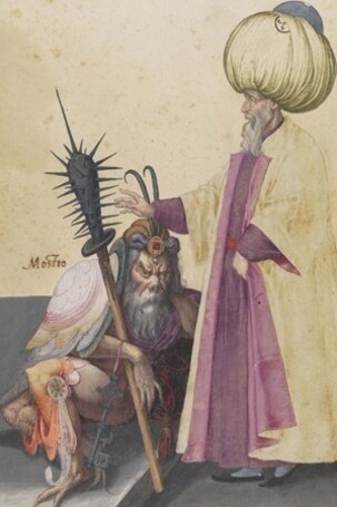 Jacopo Ligozzi, *Figure in costume orientale – Mufti – Il papa delli Turci - mostro*, pietra nera naturale, pigmenti policromi di natura organica e inorganica, oro, su carta con imprimitura a bianco di piombo, Firenze, Gabinetto Disegni e Stampe degli Uffizi
