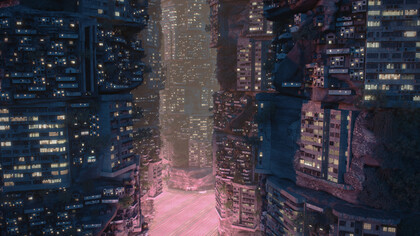 Key-frame tratta dal film "Planet City" (2021) di Liam Young: un'immensa e complessa città iperbolica, una grande Megalopoli di 10.000.000.000 di abitanti dove vive l’intera popolazione mondiale