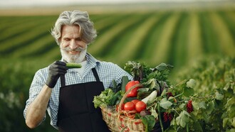 A smiling elderly man stands in a sunlit farm, holding a basket filled with fresh vegetables