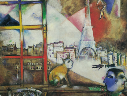 Paris par la fenêtre, 1913, Huile sur toile 136 x 141,9 cm, Solomon R. Guggenheim Museum, New York, Collection de la Fondation Solomon R. Guggenheim, don, 37.438 © Marc Chagall, Vegap, Bilbao 2018