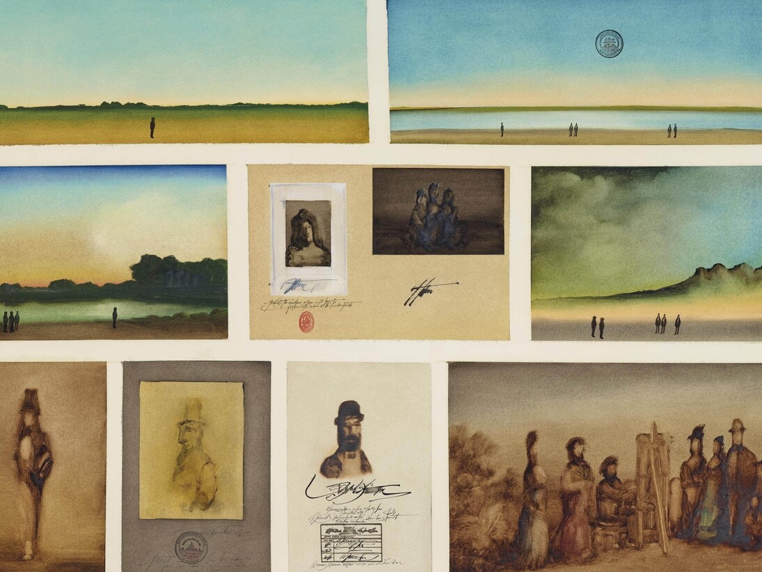 Saul Steinberg, La Vie d'Artiste, 1970, Watercolor, oil, ink, stamps, graphite, on paper , 29 3/4" x 39 3/4"
Provenance: Galerie Maeght, Paris, Exhibited: Cologne, Kunstverein; Stuttgart, Württembergischer Kunstverein; Hanover, Kestner-Gesellschaft;Kulturhaus der Stadt Graz, and Vienna, Museum des 20. Jahrhunderts, Nov. 1974 - August 1975, No. 53. Courtesy of Adam Baumgold Gallery
