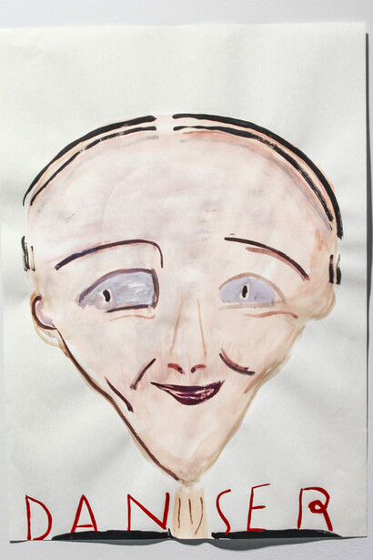 Rose Wylie, Danser (Dark Eyes), 2014, Watercolor and collage on paper, 33 x 23.25 in (83.8 x 59.1 cm). Courtesy of the Artist and Thomas Erben Gallery, New York