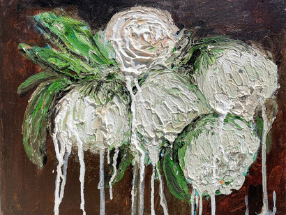 Aaron Maier-Carretero, five blooms on brown, 2023, acrylic on polyester canvas, 11x14 inches. Courtesy the artist and Luis De Jesus, LA