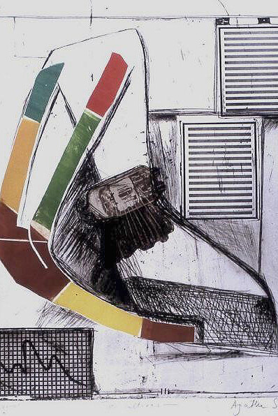 Agathe Sorel, Two Cultures, 1963. Photo gravure, dry point, engraving & brass cut out printed in black, green, yellow, brown & red vignette, 780 x 600 mm

