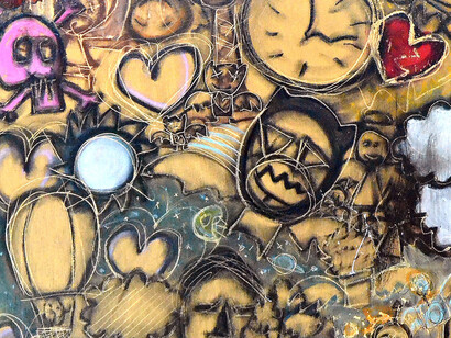 No início era ambidestro, 60X120 cm. Pastel extrafino, grafite, esferográfica, cimento refratário, laca e solução vinílica sobre tela
