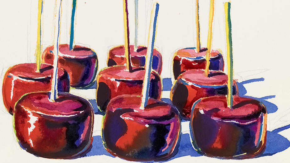 Nine Jelly Apples, 1964, watercolor and graphite. Yale University Art Gallery, Gift of George Hopper Fitch, B.A. 1932. Photography by Tony De Camillo. © Wayne Thiebaud/Licensed by VAGA, New York, NY