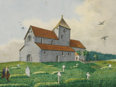 Ilustração retirada de um arquivo privado da Biblioteca Nacional com o título "Igreja principal de Gran; A igreja do norte em Granvolden, vista do S.W." por Peter Andreas Brandt