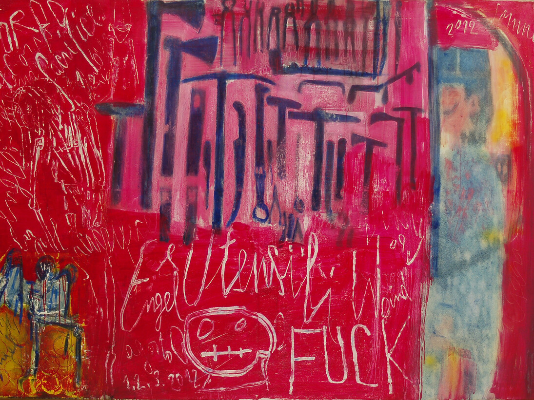 Renzo Ferrari,
Utensili e gendarme,
2012,
Olio su tela,
130 x 180 cm,
Collezione M&A Realini