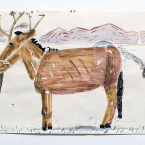 Rose Wylie, Afghan Horse Being Washed, 2014, Watercolor, pencil and collage on paper, 23.5 x 33.25 in (59.7 x 84.5 cm). Courtesy of the Artist and Thomas Erben Gallery, New York