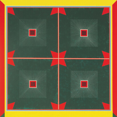 Mary Judge, Diadema Red and Green, 2014, flashe, graphite, and white charcoal pencil line on
linen mounted on board, 48 x 48 inches