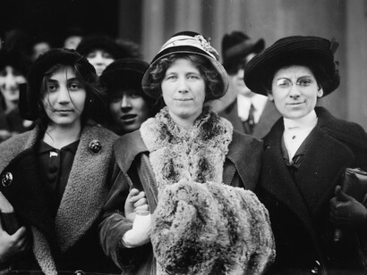 A 14-year-old striker, Fola La Follette, and Rose Livingston captured in a glass negative from the George Grantham Bain Collection, 1913
