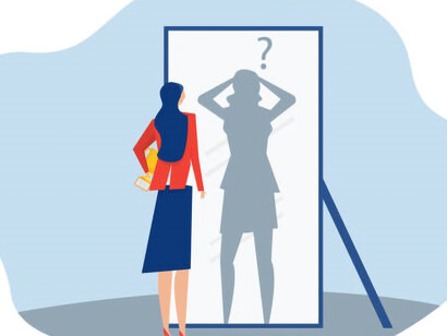Illustration depicting a woman grappling with imposter syndrome, showing her self-shadowing due to workplace anxiety and self-confidence issues