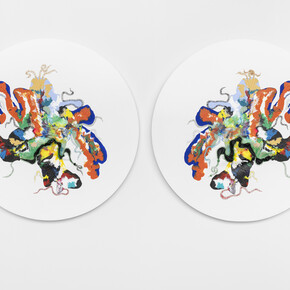 Nicholas Hlobo, Uvathel'umsitho, 2023. Acrylic, leather, and ribbons on linen and cotton canvas, diptych, each: 51.18 inches x 130 cm diameter. Signed, titled, and dated on verso. Courtesy of the artist and Lehmann Maupin, New York, Hong Kong, Seoul, and London