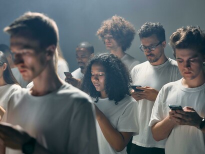 Images of people on smartphones, digital overstimulation, scrolling addiction, and environments filled with multiple screens