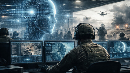A highly realistic depiction of modern warfare’s new reality, where artificial intelligence, military command, and human judgment converge in the same room