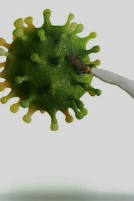 A woman kick-boxes the Covid-19 virus away