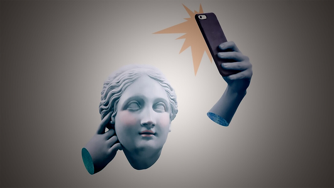 The modern reinterpretation of Greek mythology with a mixed media sculpture depicting a selfie-taking goddess, reflecting on themes of social media addiction and narcissism