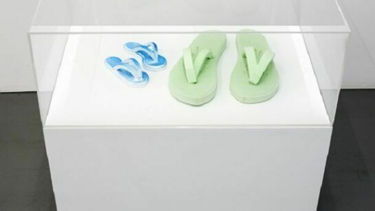 Andreas Slominski, "Moon Boots," 2012, Four styrofoam flip-flops and paint, 3.5 x 15 x 14.5 inches