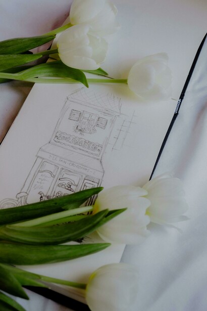 White tulips resting on an anime drawing in Paris, Île-de-France, France