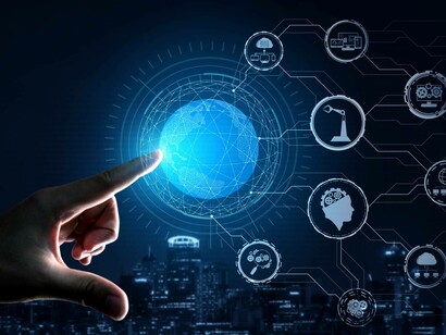 A human finger clicking on an AI function helps them outline a patient's treatment care